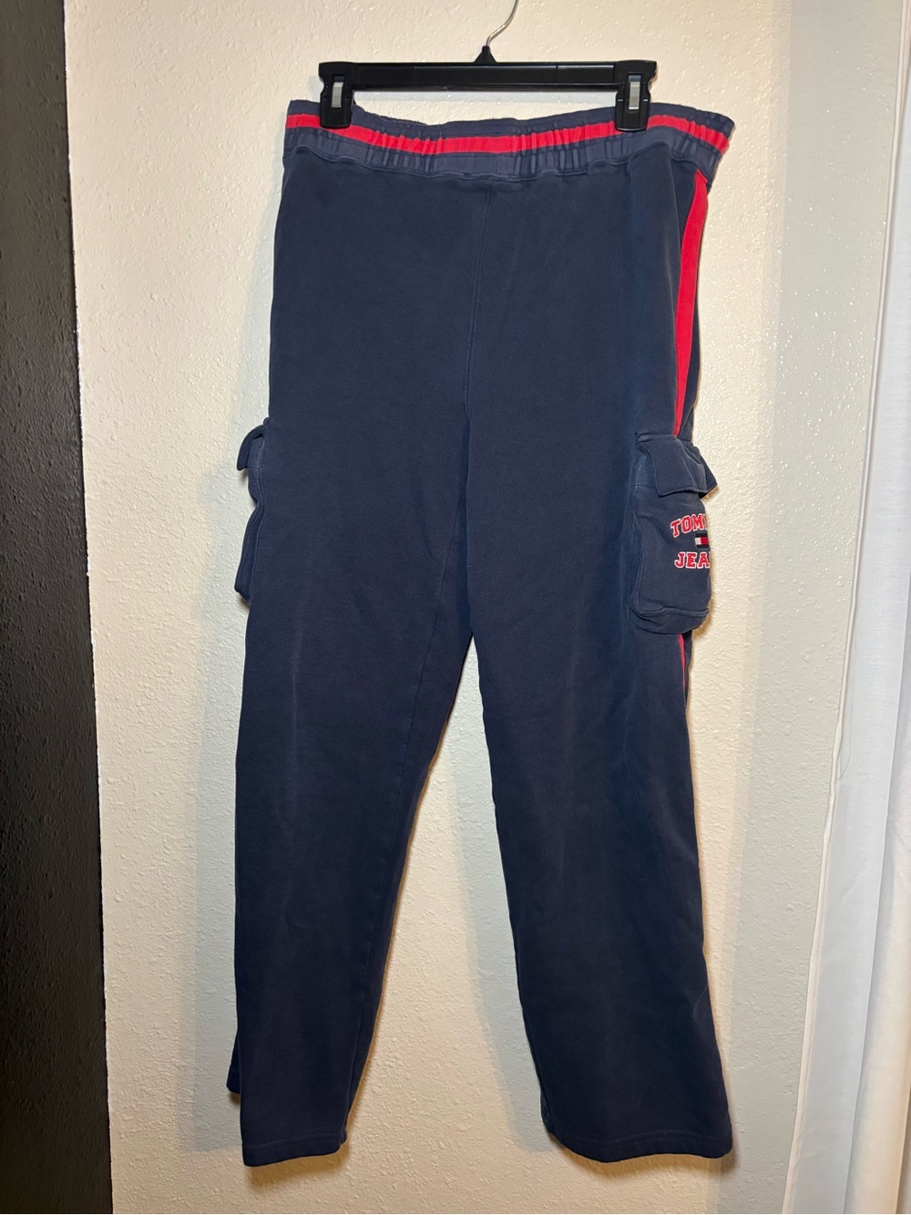 VTG Tommy Jeans Sz L Y2K Cargo Sweatpants Navy Blue Red Stripe Drawstring Jogger